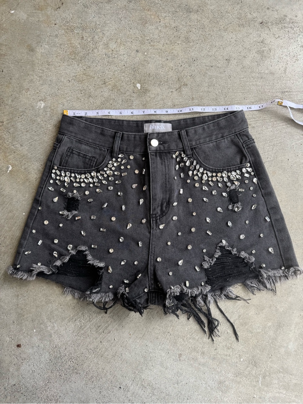 Black Rhinestone Distressed Denim Shorts Large Nashville Festival Bedazzled - Picture 8 of 12